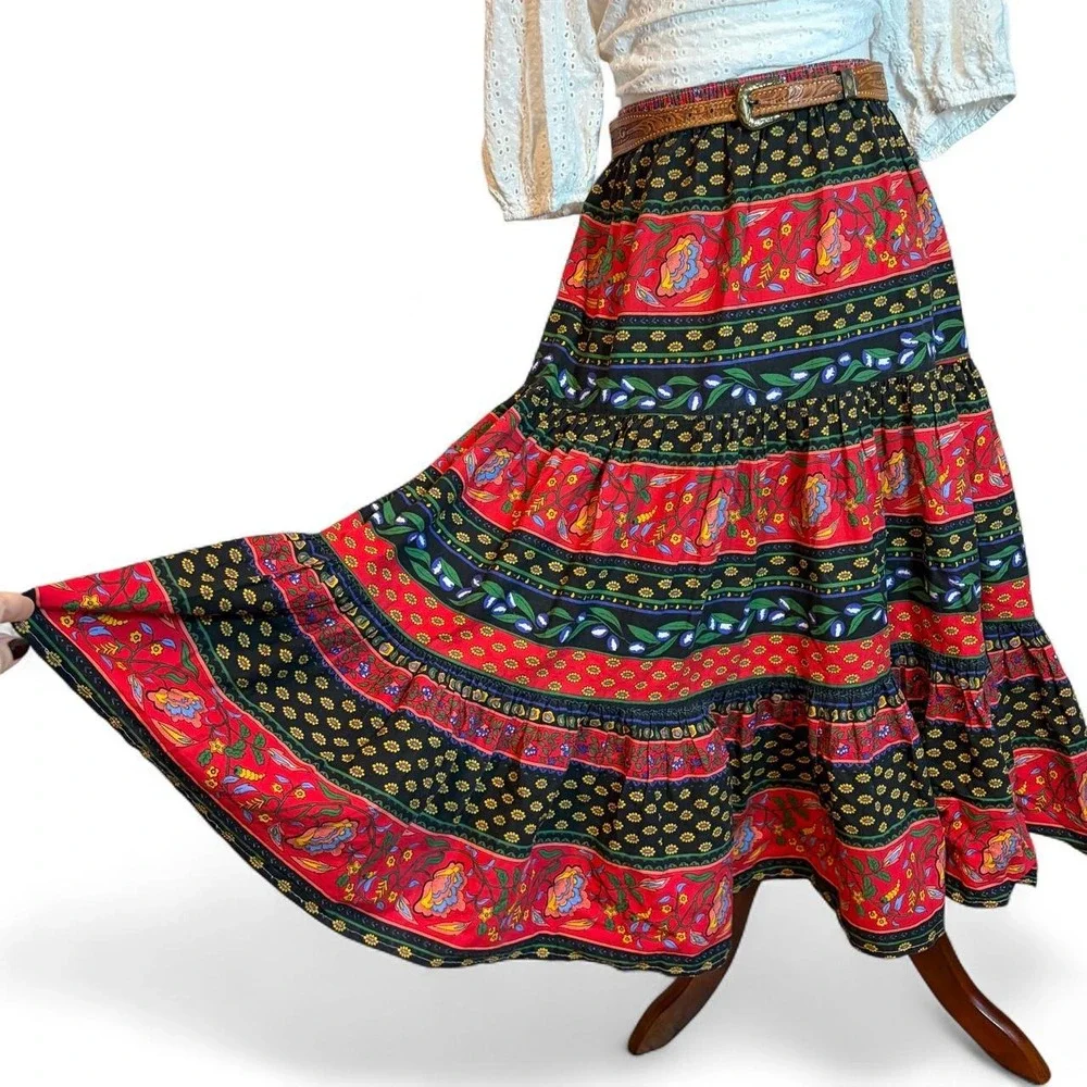 Vintage 90s Folksy Floral Tiered Maxi Skirt